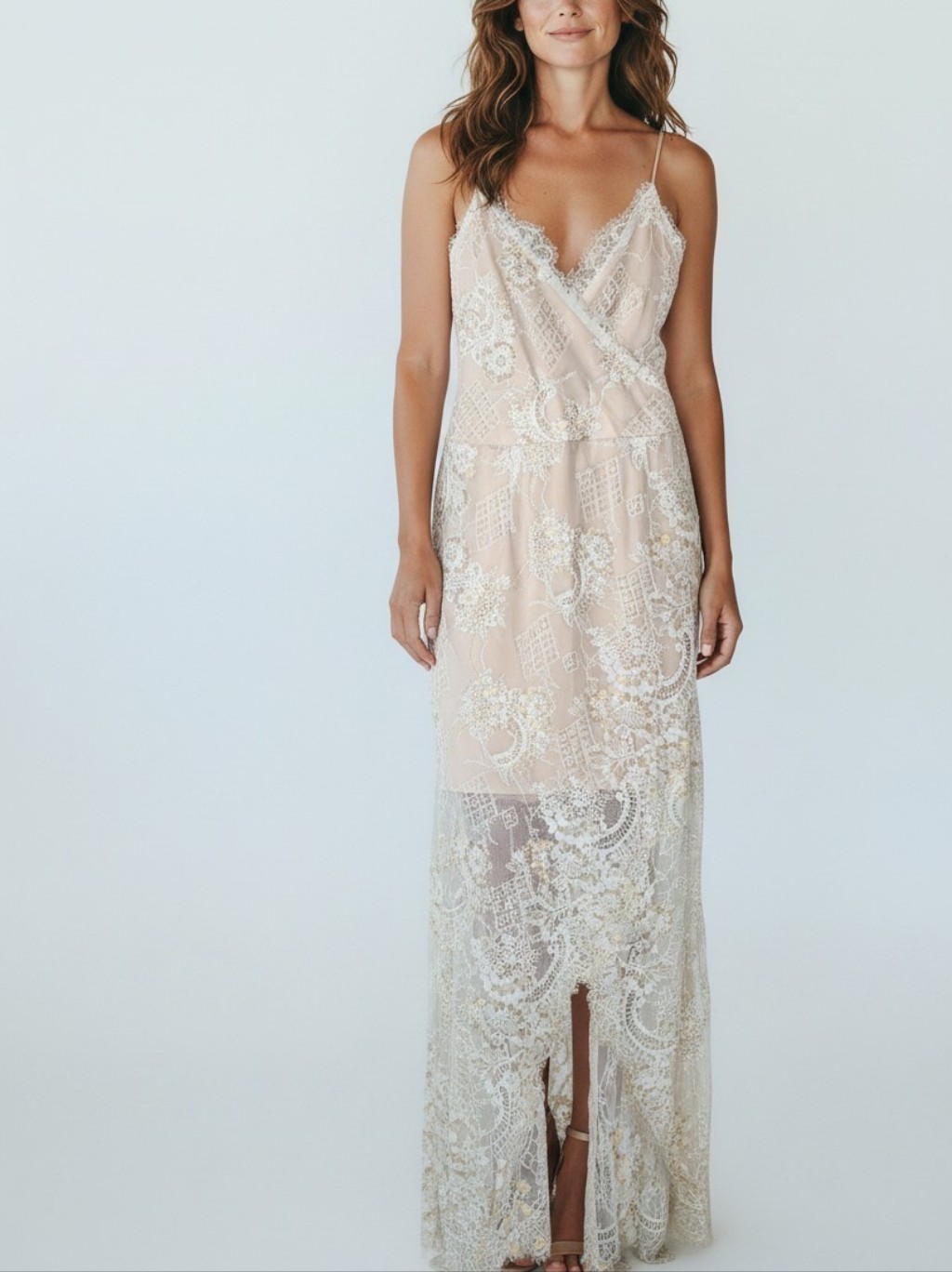 Wayf Ivory Gold Floral Lace Sleeveless Dress Size L